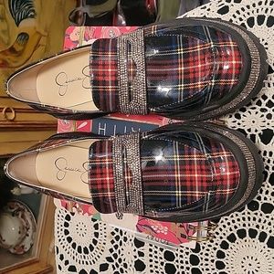 Beautiful rhinestone plaid patent leather loafers
